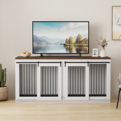 Meuble de 71 po pour cage double 71 po, chenil en bois robuste avec cloison amovible, porte de grange coulissante et coussin, grand meuble télé avec table de bout pour 2 chiens