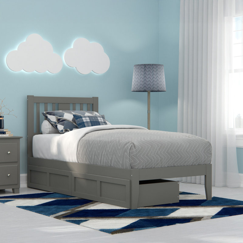 Lit plateforme avec rangement en bois massif Zosia, Simple, Gris