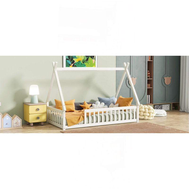 Lit simple en forme de tente, lit tipi avec garde-corps, lattes, blanc, Blanc
