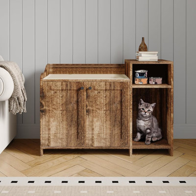 Enceinte pour chat avec porte de grange et tablette de rangement - armoire en bois cachée - salle de bain pour chat d'intérieur couverte - niche pour chien - convient à la plupart des bacs à litière - couleur classique