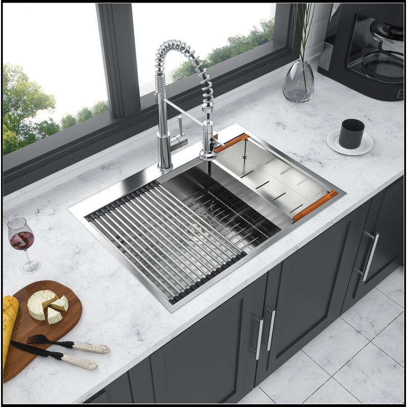 Drop In Kitchen Sink - 33*22 Inch Kitchen Sink Drop-In Topmount Single Bowl 16 Gauge Stainless Steel Ledge Workstation Kitchen Sinks