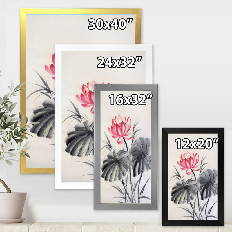 Fleur de lotus avec deux feuilles monochromes - peinture sur toile, H 32 po x l 24 po x P 1 po, Cadre noir