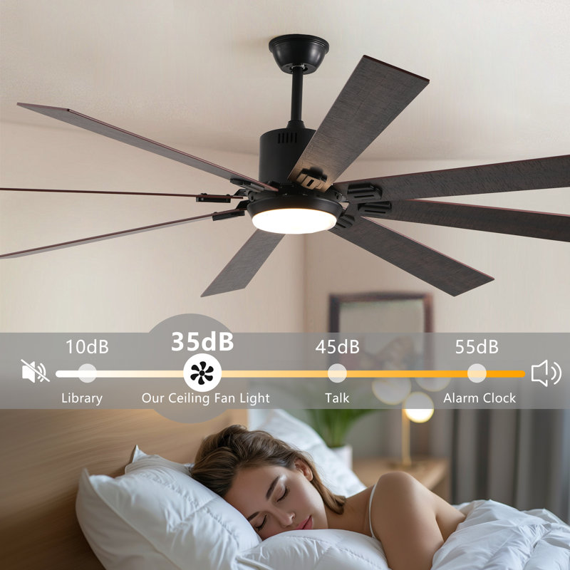 Ventilateur de plafond moderne en bois de noyer de 72 pouces avec lumière DEL intégrée, 8 pales en bois massif, télécommande et moteur à courant continu réversible