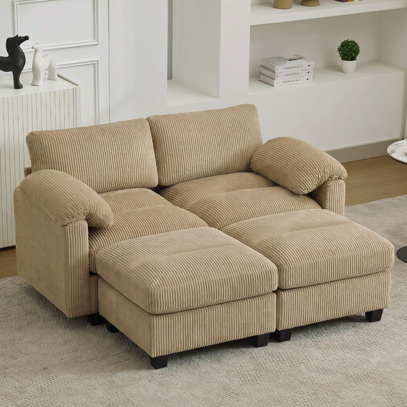 Causeuse modulaire de 61 po avec 2 repose-pieds, accoudoirs coussinés et coussins en velours côtelé, Chameau