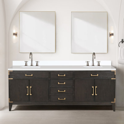 Meuble-lavabo double en chêne brun 84 po X P 22 po D, plateau en marbre de culture et robinet