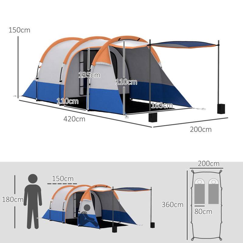 Outsunny 2 Man Camping Tent Tunnel Tent Large 420L x 200W x 150H cm, Orange