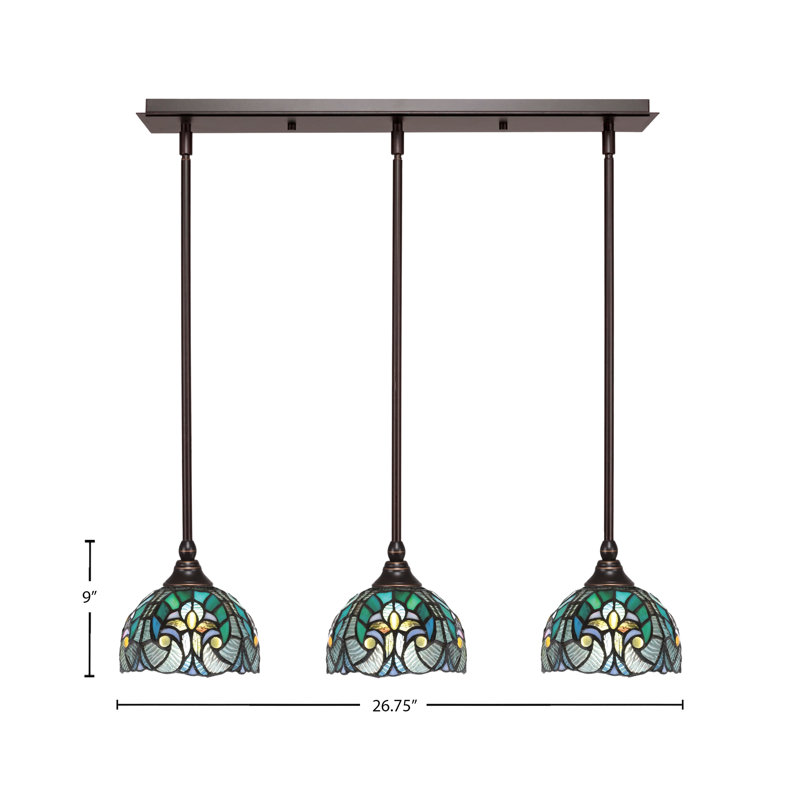 3 Light Stem Hung Linear Pendalier Shown With 7" Cypress Art Glass, Dark Granite, Turquoise