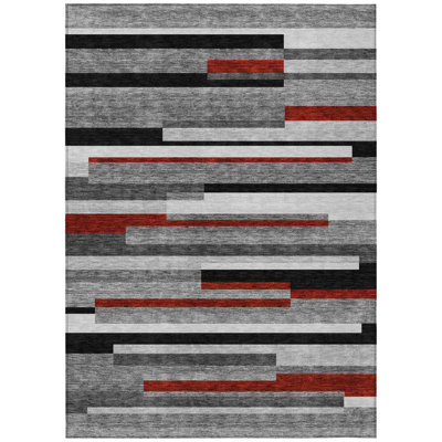 3' X 5' Gray Black And Red Striped Washable Indoor Outdoor Area Rug