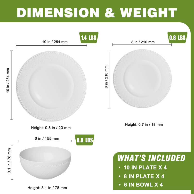Latitude Run® 12-piece White Embossed Mesh Bone China Dinnerware With Lightweight Durable Chip Resistant Design Service For 4