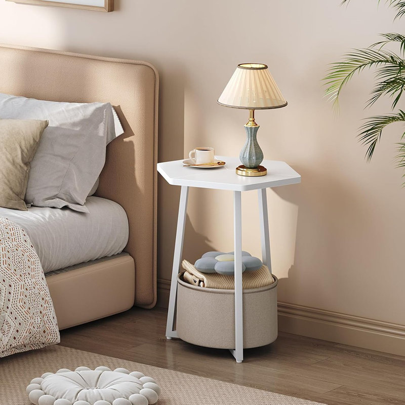 Petite table d'appoint hexagonale avec panier de rangement, table de chevet moderne, blanc
