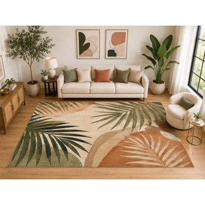 Tapis tropical à feuilles de palmier « ultra fin » de 200 cm x 300 cm, doux et à poils courts, avec envers antidérapant en silicone, idéal pour le salon et la salle à manger. Couleur verte et orange.