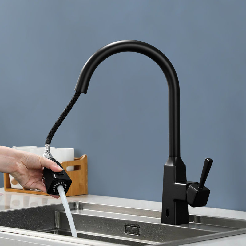 Robinet de cuisine rétractable à un trou avec capteur Topcraft, Noir mat