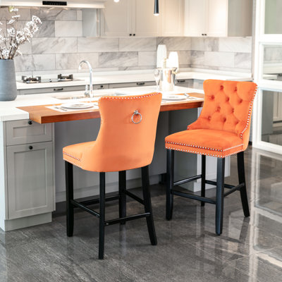 Modern Velvet Bar Chairs With Button Tufting And Wooden Legs, Trim, Comfortable Back Support, Of 2 Orange Luxury Upholstered Chairs, ,