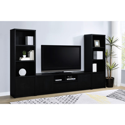 3 - Piece Black Entertainment Setup For 85 Inch Tv In Contemporary Space, Stand With Cable Ready Shelf, Media Towers Storage Compartments Package Tv, Cabinets