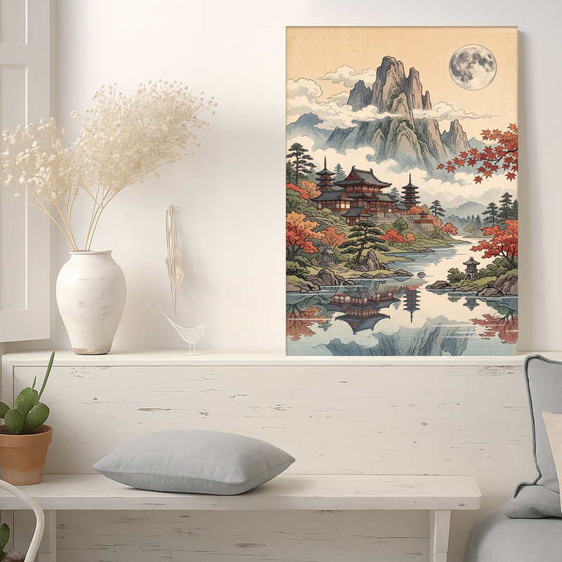 «Asian Mountain Temple with Red Maples and Moon», art mural sur toile, H 18 po x l 12 po