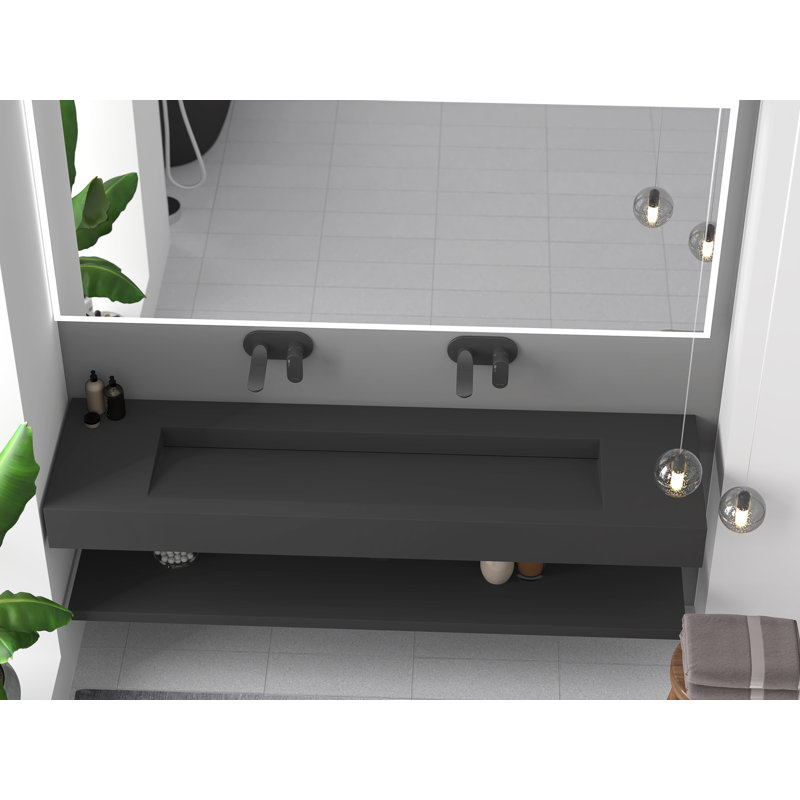 Lavabo de salle de bain mural rectangulaire 72 po Pyramid, Noir, Aucun trou