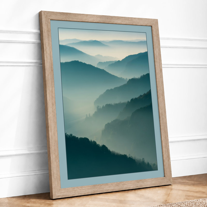 Mountains in Mist Scandinavian - Framed Print, Oak, A4 - 29.7 x 21.0 cm