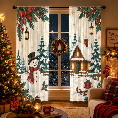 2Pcs Winter Snowman House Curtains, Festive Christmas Scene Light Filtering Rod Pocket Window Drapes For Living Room Bedroom Kitchen, Farmhouse Decor Holiday Home Decor