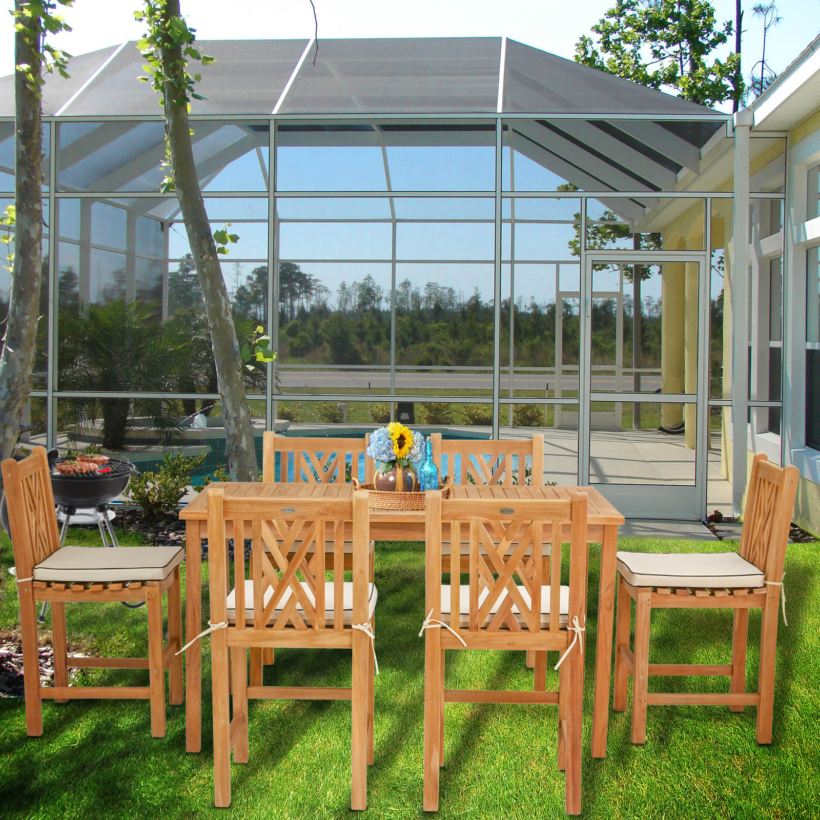 Leahny Teak Patio Dining Set, 63" L x 35" W x 35" H