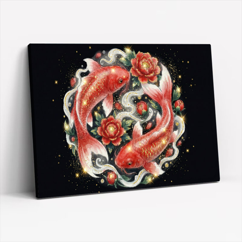 Ensemble de 1 tableau sur toile tendue représentant des carpes koï et des roses, H 20 po x l 30 po, Toile tendue