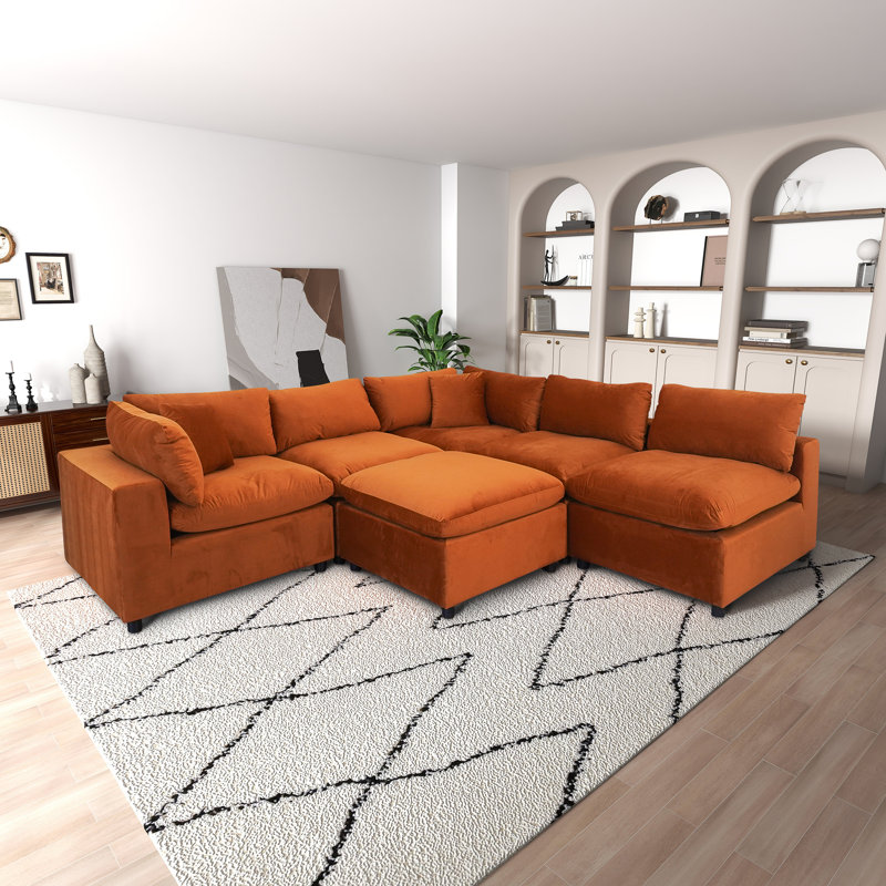6-Piece Velvet Modular Sectional with Under-Seat Storage, Orange Velvet