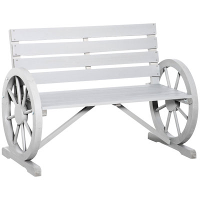 Rustic Outdoor Bench With 41" Wooden Wagon Wheel, Gray, Weather Resistance, , 2 Seat, Strong Fir Wood Garden Bench, Wheel And Gray Weather-