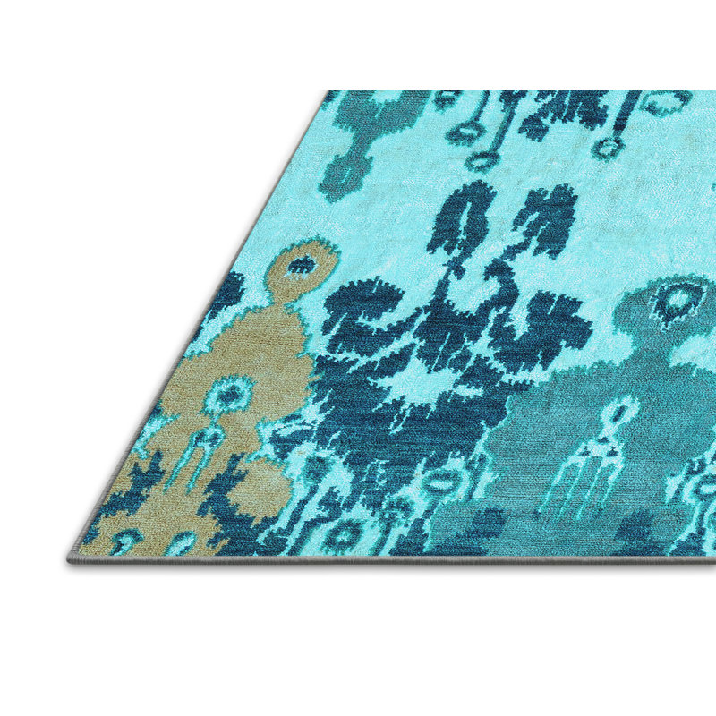 Tapis bleu / bleu sarcelle abstrait en polyester tissé à la machine, Rectangle 2 pi x 3 pi