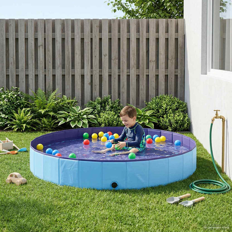 vidaXL Children Swimming Pool Folding Thick PVC and Engineered Wood Portable, 38cm H x 300cm W x 300cm L, Blue