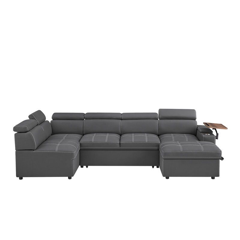 Grey Fabric Sectional Sofa with Storage Ottoman