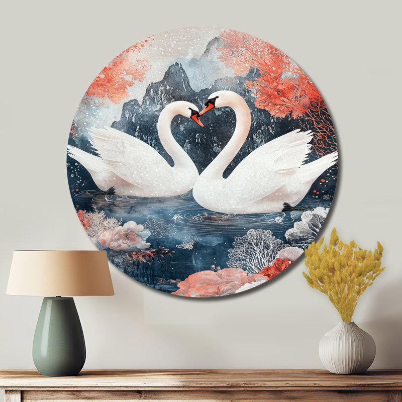 «Two Swans Love Of Elegance I», art mural rond en métal, impression sur métal blanc moderne, H 16 po x l 16 po