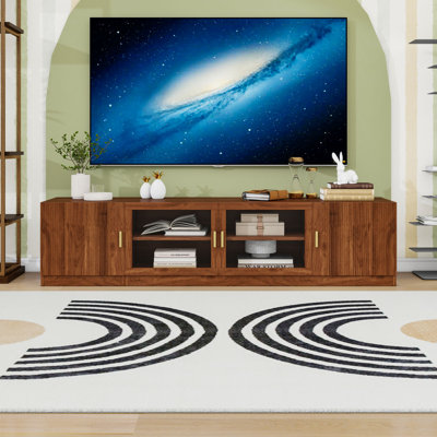 Meuble télé d'inspiration Mid-Century avec portes en verre cannelé, éclairage DEL et tablettes réglables