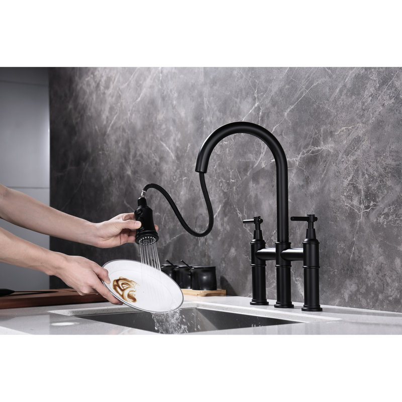 Matte Black Kitchen Pull-Down Faucet - Dual Handle Switch For Accurate Flow Control, 360-Degree Rotatable Nozzle, Quality Brass Build Bridge Style With Spray Fine And Temperature Regulation, Solid