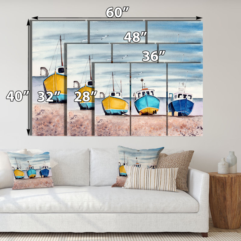 Nautique trois bateaux de pêche colorés Sandy Seashore, art mural - Bateaux de pêche, H 28 po x l 36 po x P 1 po