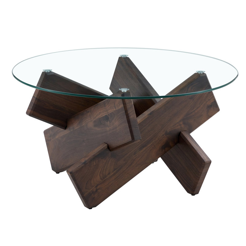 Round Coffee Tables with Tempered Glass Top Center Table, Walnut