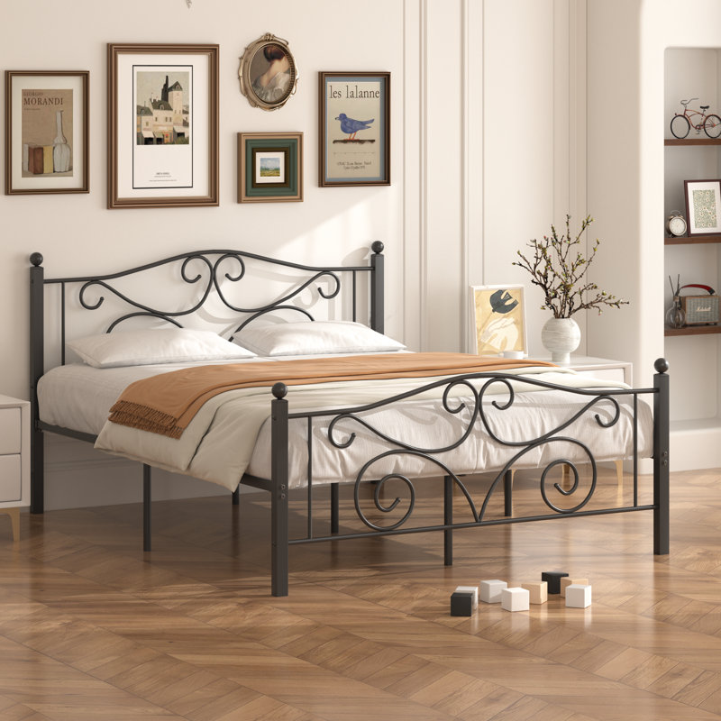Structure de grand lit, lit plateforme en métal avec tête et pied de lit de style parisien, support de lattes robuste, rangement sous le lit, aucun sommier tapissier requis