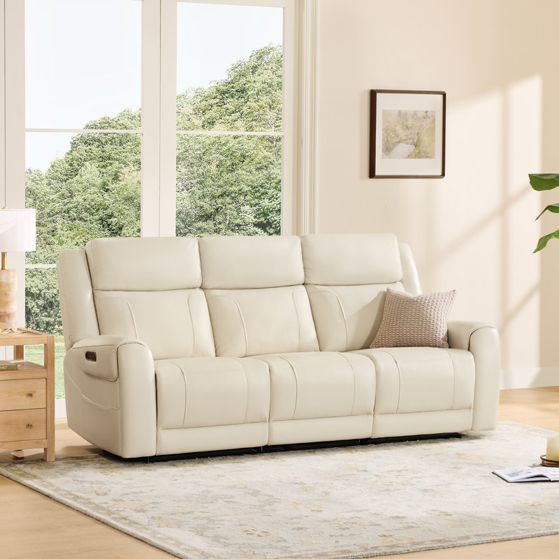 3-Seat Dual Motor Genuine Leather zero clearence recliner Power Recliner Sofa With Power Headrest, Cream
