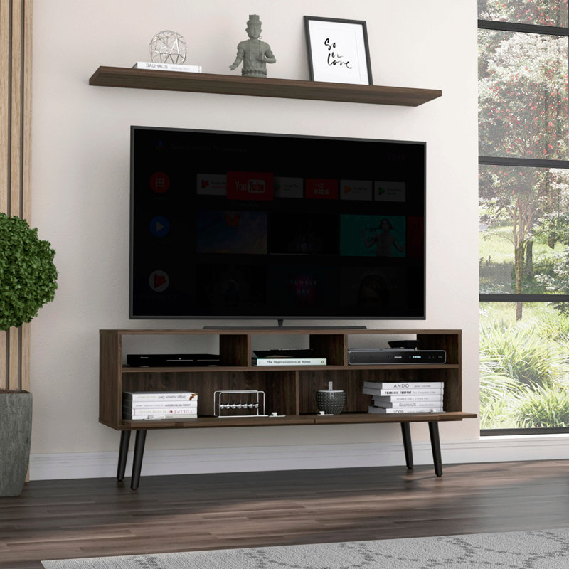 Meuble télé Oslo pour téléviseur 51 po, deux tiroirs, quatre pieds et trois tablettes ouvertes Oslo