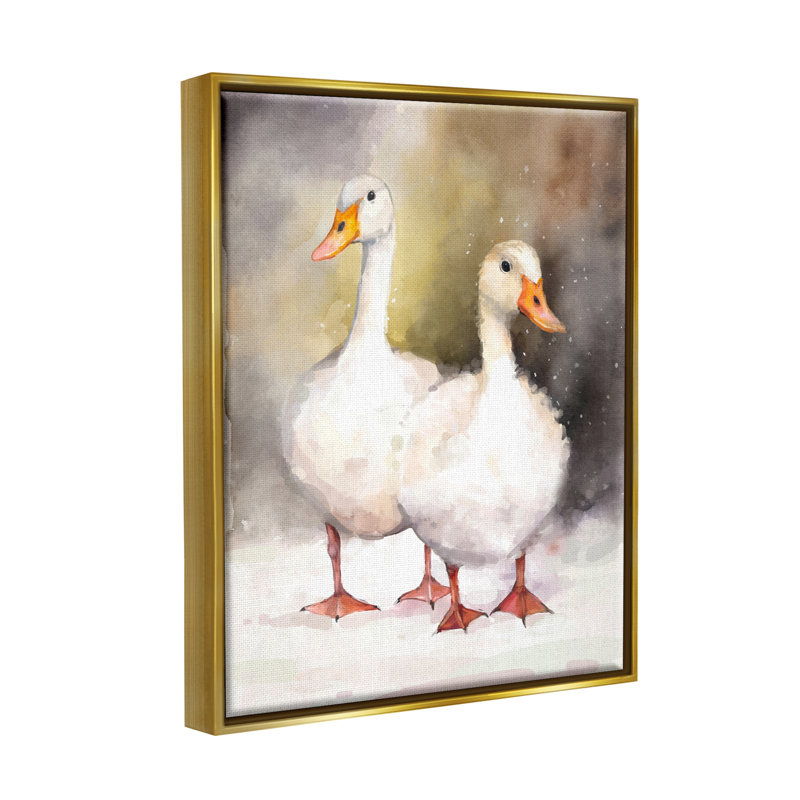 «Ba-490-Floater Two White Ducks In Snow», impression sur toile par Ziwei Li, Cadre flottant métallique doré
