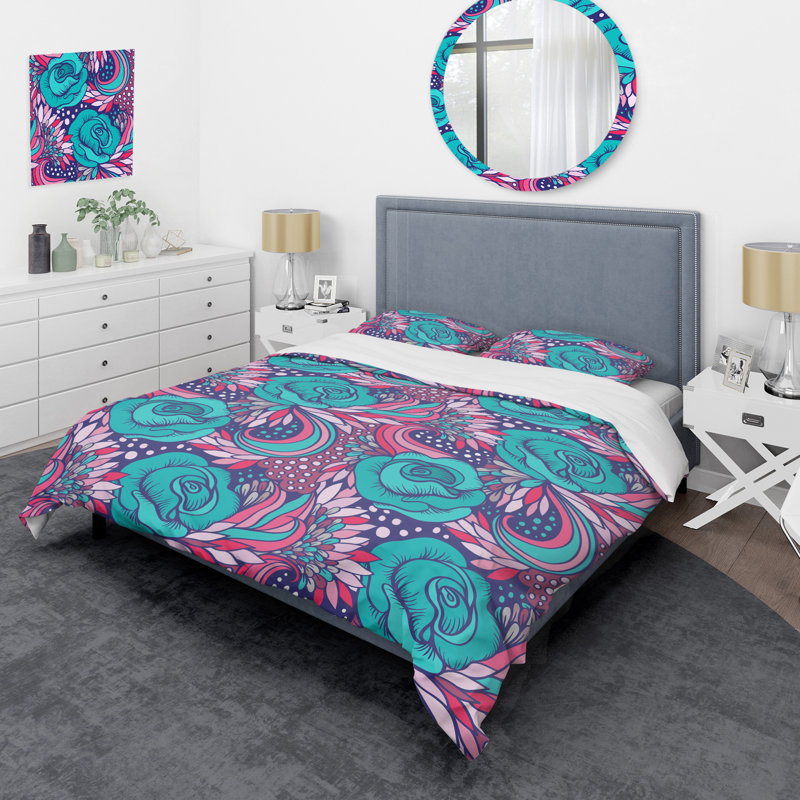 Fleurs bleues rétro - Ensemble de housse de couette Cabin & Lodge, Housse de couette pour grand lit et 2 taies décor