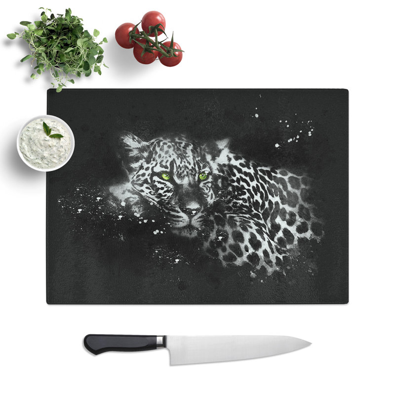 Tempered Glass Leopard with Green Eyes High Chopping Board, 20 cm x 28.5 cm