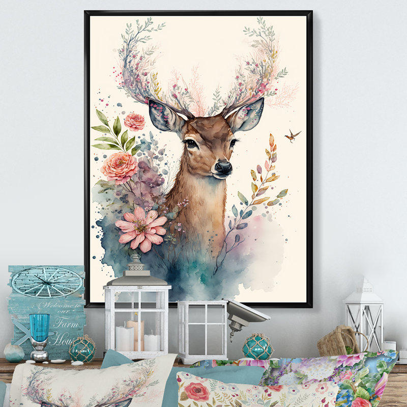 Mignon petit cerf avec fleurs roses - art mural encadré de cerf, L 30 po x H 40 po, Cadre flottant noir