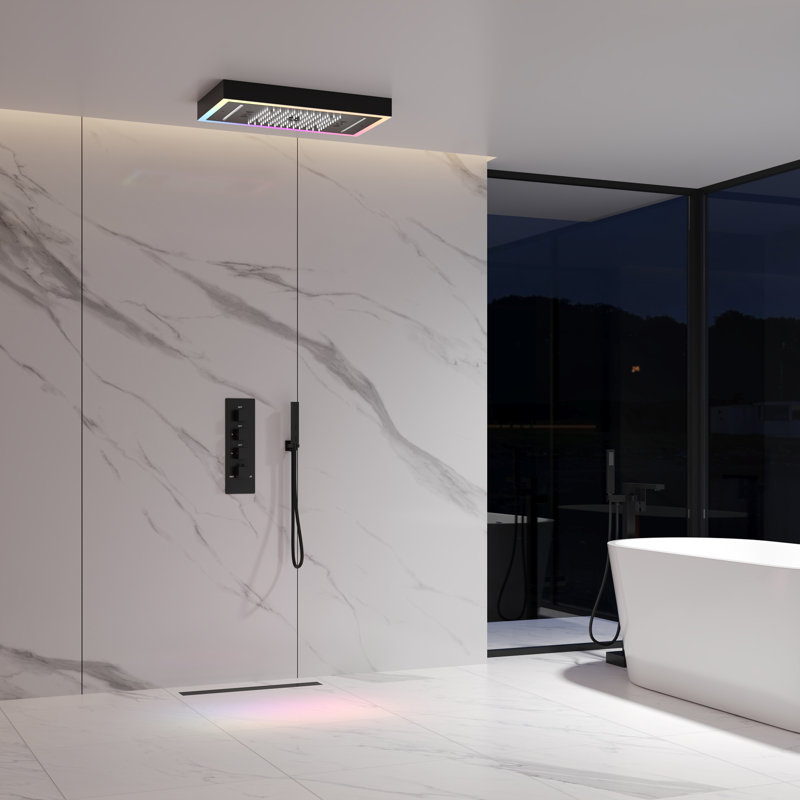 Ceiling Mounted Thermostatic Shower Faucet System, LED 4-Handle 5-Spray Shower Faucet with Music, Matte Black
