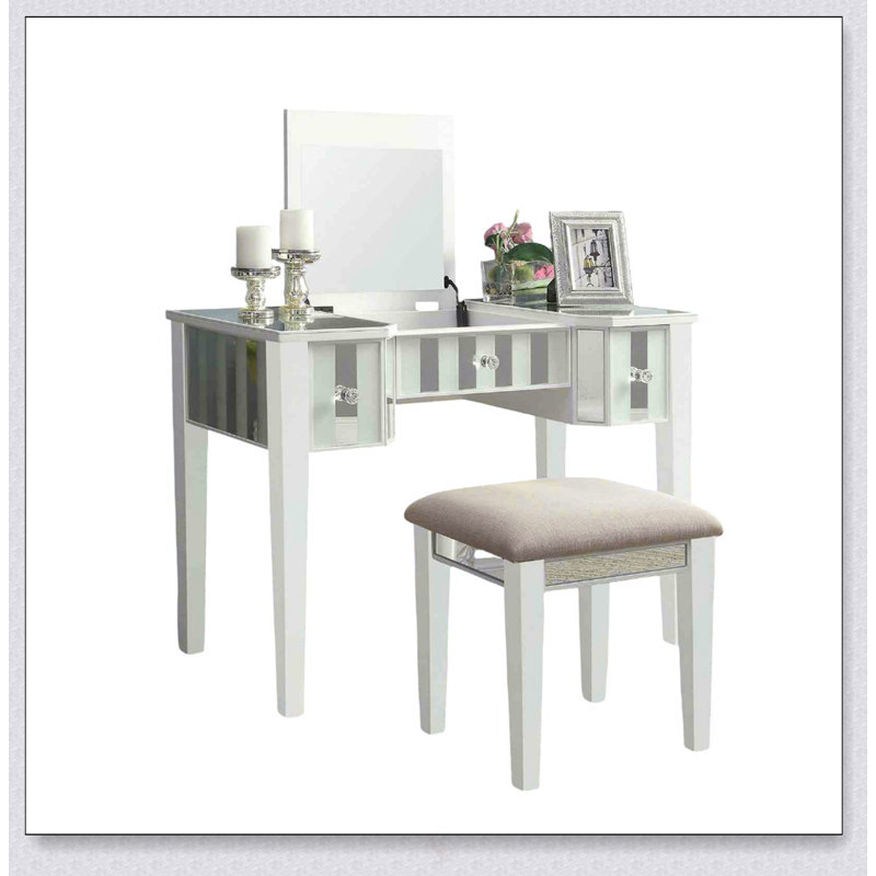 Transitional Style Vanity Set With Storage Drawers, Central Mirror, And Padded Stool For Elegant Bedroom Furniture, White