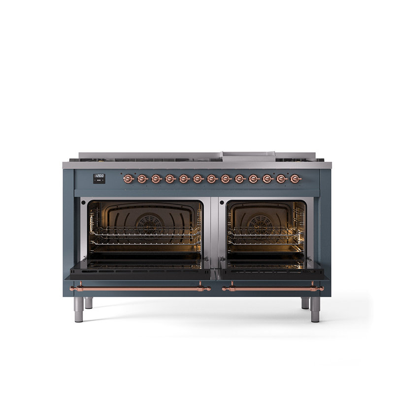 ILVE Nostalgie II 60 Dual Fuel Range, 9 Burners, Griddle, Liquid Propane, Blue/Gray/Copper
