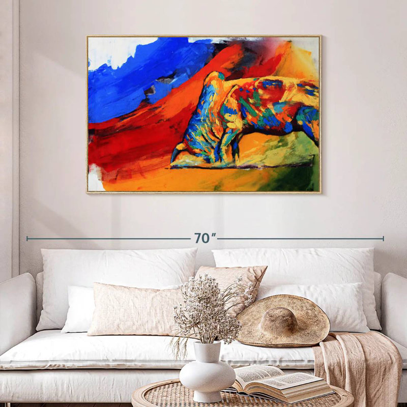 Taureau coloré, Cadre flottant en bois naturel, 46 po x 31 po
