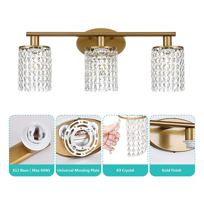 3-Light Dimmable Bathroom Vanity Light with Crystal