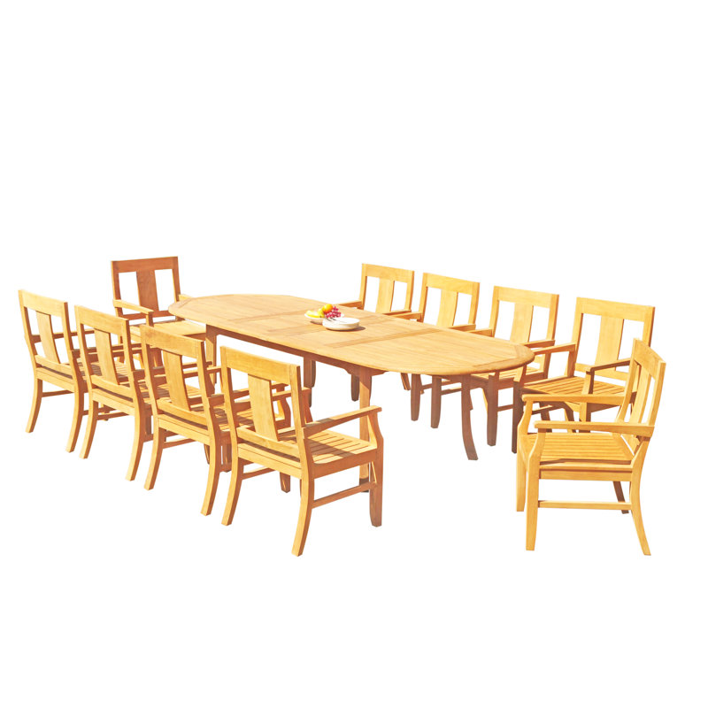 13 Pcs Grade-A Teak Wood Dining Set: 118" Double Extension Mas Oval Trestle Leg Table And Osborne Arm Chairs #11OS2712, 10
