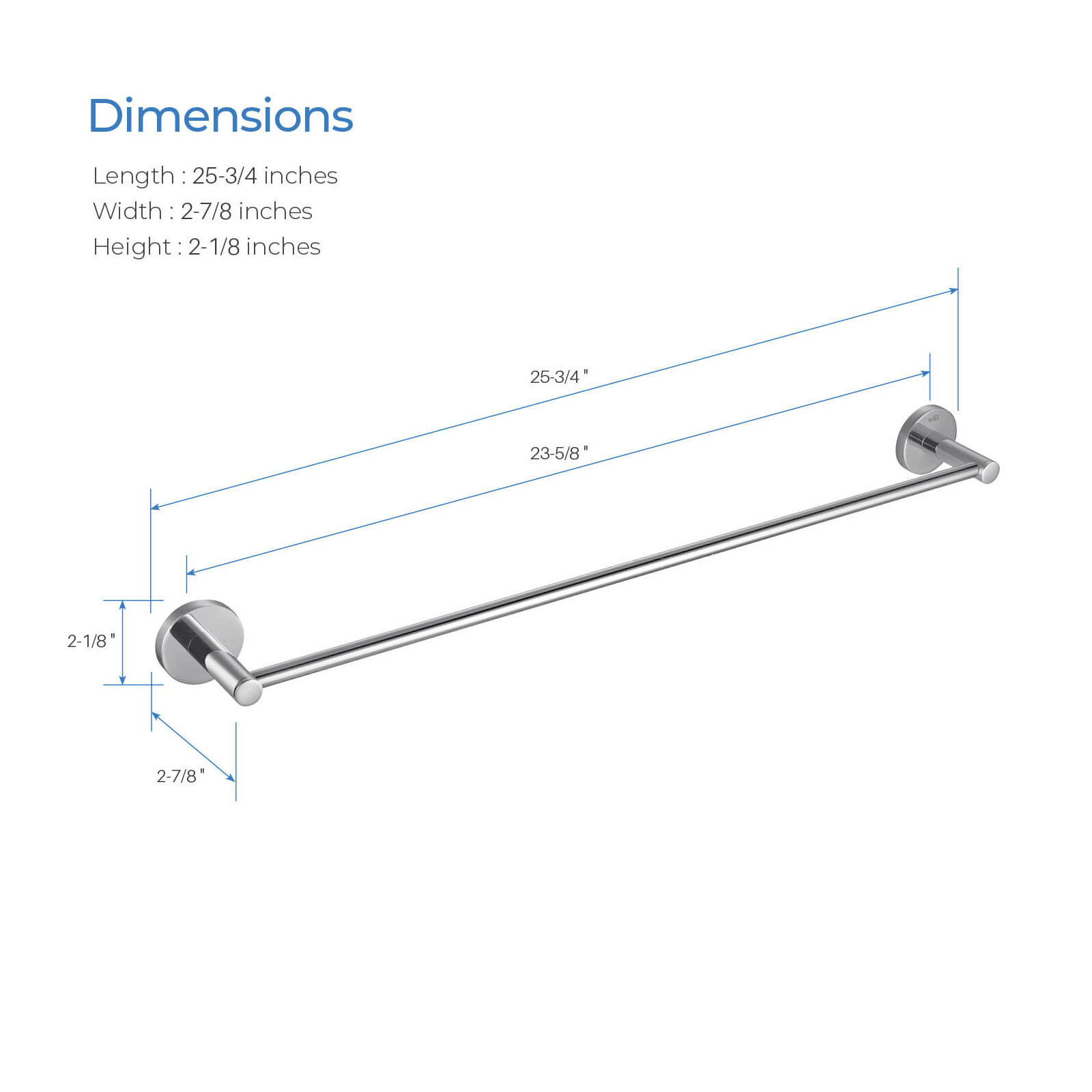 Wall Mounted Towel Bar, Chrome, 2.13" H x 24" W x 2.88" D