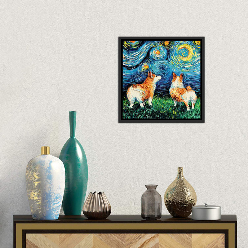 Corgi Night par Aja Trêves - reproduction d'art, H 18 po x l 18 po x 1,5 po, Toile avec cadre noir patiné