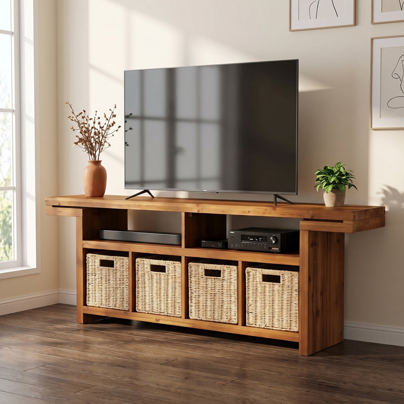 Meuble télé en bois massif de 63 pouces, compatible avec les téléviseurs jusqu'à 70 pouces, avec 4 paniers de rangement.